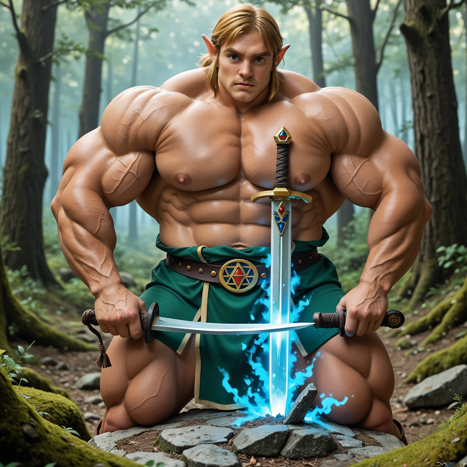 lustration in Leyendecker style : Muscular and pumped-up Prince Harry as a Beautiful Detailed Face, 4k resolution, Realistic, a perfect face, 28 years old, , light blonde hair, natural skin, Soft Impressionist, Perfect composition, a perfect face, Wearing leather armor, large bulge in the pants ,hairy chest and belly Holding a large sword in his hands, The background is a mysterious forest