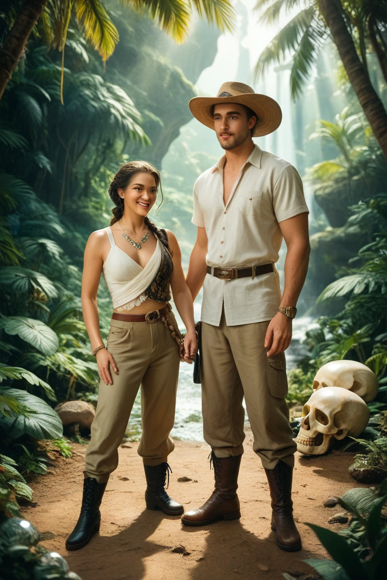 Photograph male and female of a boat with guns and hats, lindo guarda homem e linda guarda mulher, selva, em um ambiente de selva, aventura hiper realista, em um rio na selva, casal realistas, Retrato de uma guarda florestal feminina, imagem realista verdadeira, Selvas ao fundo, promotional render, em uma selva altamente detalhada, foto de retrato, fotografia, lighting dramatic, alta riqueza de detalhes, 8k, high resolution, foto, em uma selva