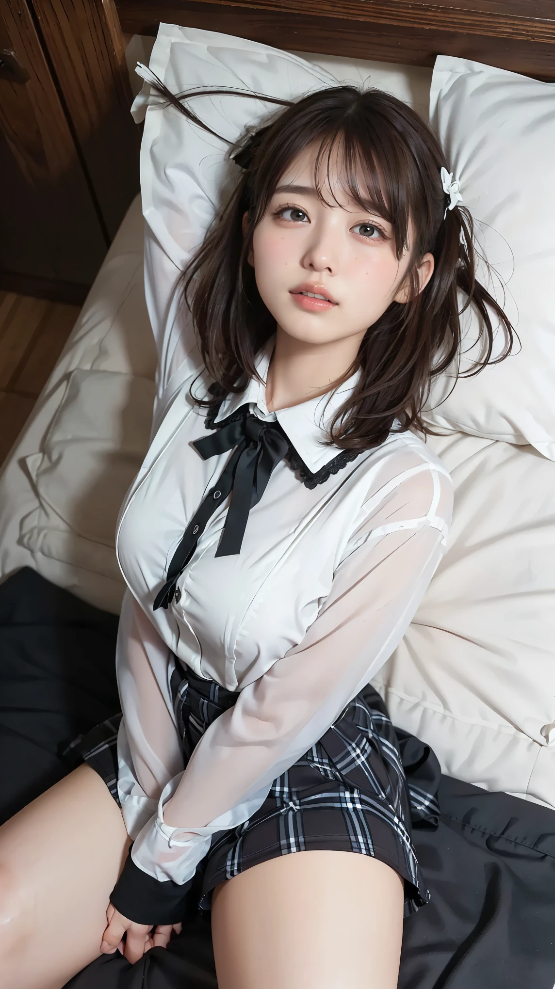 masterpiece, Best Quality, illustration, Super Detail, fine details, high definition, 8k,wallpaper, perfect dynamic composition,(Detailed and high quality, eyes:1.3), girl lying in bed, short hair, (Wave Hair:1.2), high school classroom、high school girl uniform、super mini check uniform skirt that boldly stretches both legs、Colossal 、Disturbed Uniforms, Big Breasts, black hair, big natural colored lips, bold and sexy pose, I'm crying a little、Harajuku style、20 year old girl、cute type、ta、hotel room, sexy shot from the front of the shot, Makeup, (lies on her back, sleeps in bed), ((aerial shot)),((lie on your back, angle looking down 上記)),((looking up at the audience))