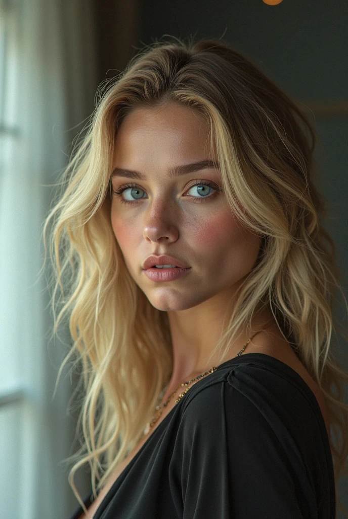 photo of (s4r4hgrey-135:0.99), a beautiful woman, perfect hair, (modern photo, Amber robe), closeup portrait, 85mm, (analog, cinematic, film grain:1.3), (A vibrant, neon-lit Miami Beach boardwalk:1.2), detailed eyes, (seductive pose), (epicPhoto), (looking at viewer), jewelry, (cinematic shot:1.3)