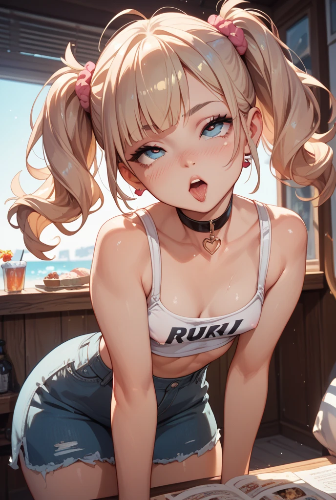 (high quality, best render), (beautiful girl, cammy), (bomb, pin-up style), hot, floss, perfect body, fitness, bedroom, blonde, two long braids, elaborate hair, crazy face, body turned forward, light green leotard, red beret, combat boots, pastel, center, scales to dimensions,, Close-up of the face, mouth wide open, tongue out, beautiful tongue, closing eyes, large amount of saliva dripping, ecstasy, beautiful teeth, a large amount of cloudy liquid dripping from the mouth, hands in the mouth, shot from above