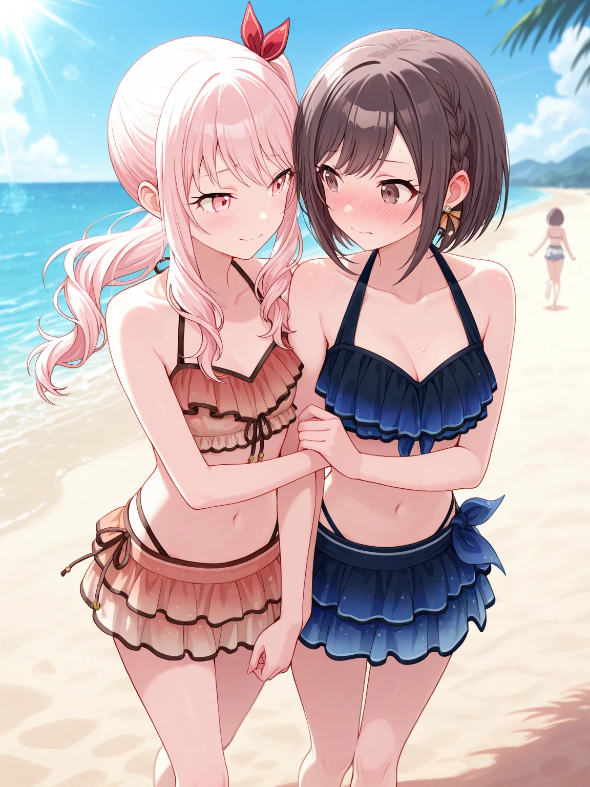 Two women in bikinis standing on the beach near the sea,cute, Teen, Cleavage, peace sign, Two Girls __color__ Enjoying vacation at resort beach in swimsuit, Group shot, Sisters, Heart Necklace, accessories, Vibrant colors that leave an impression, 8k wallpaper,Bokeh, Written boundary depth, Portraiture, (cute illustration:1.2), High resolution, Very detailed, Highest quality, The streetscape of a resort seaside town, Beach Scenery, crowd, Swarm, smile, fun,