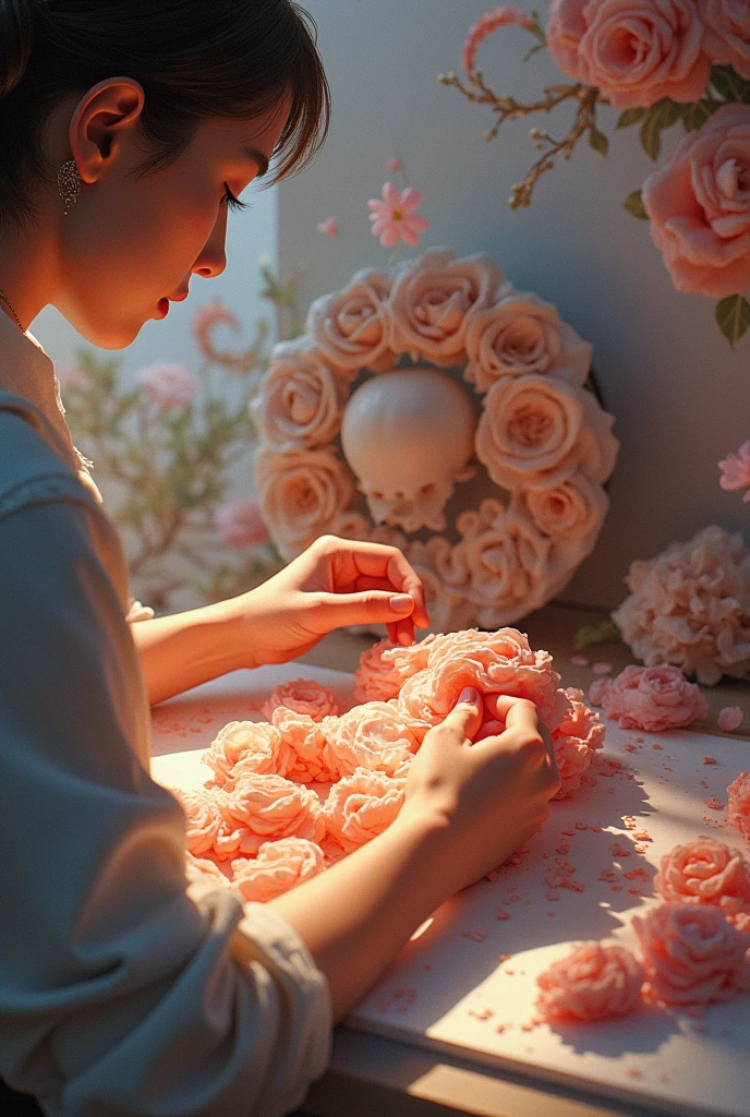 Mask packaging display drawing, on the table, pink petals flying, product picture, 3D, masterpiece, best quality, (very detailed CG unified 8k wallpaper) (best quality), (best illustration), (best shadow) nature delicate leaves Petals of various colors falling in the air ray tracing, ultra-detailed --v6