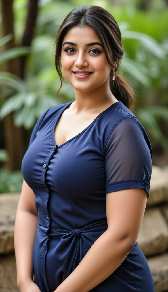 Day scene, A radiant, full-figured South Indian 3 aunty a light blue colour chiffon fully transparent kurta, bra visible through kurta, ,standing, in a office captured in a full-body image with vibrant hues and meticulous details. Full body image