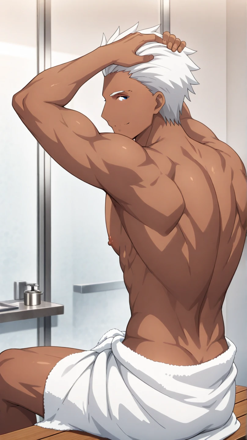 Yamato sentados lado a lado dentro da sala da sauna, with our body naked and without any piece of clothing, no centro eu estou secando o suor do peito dela com a minha lingua.