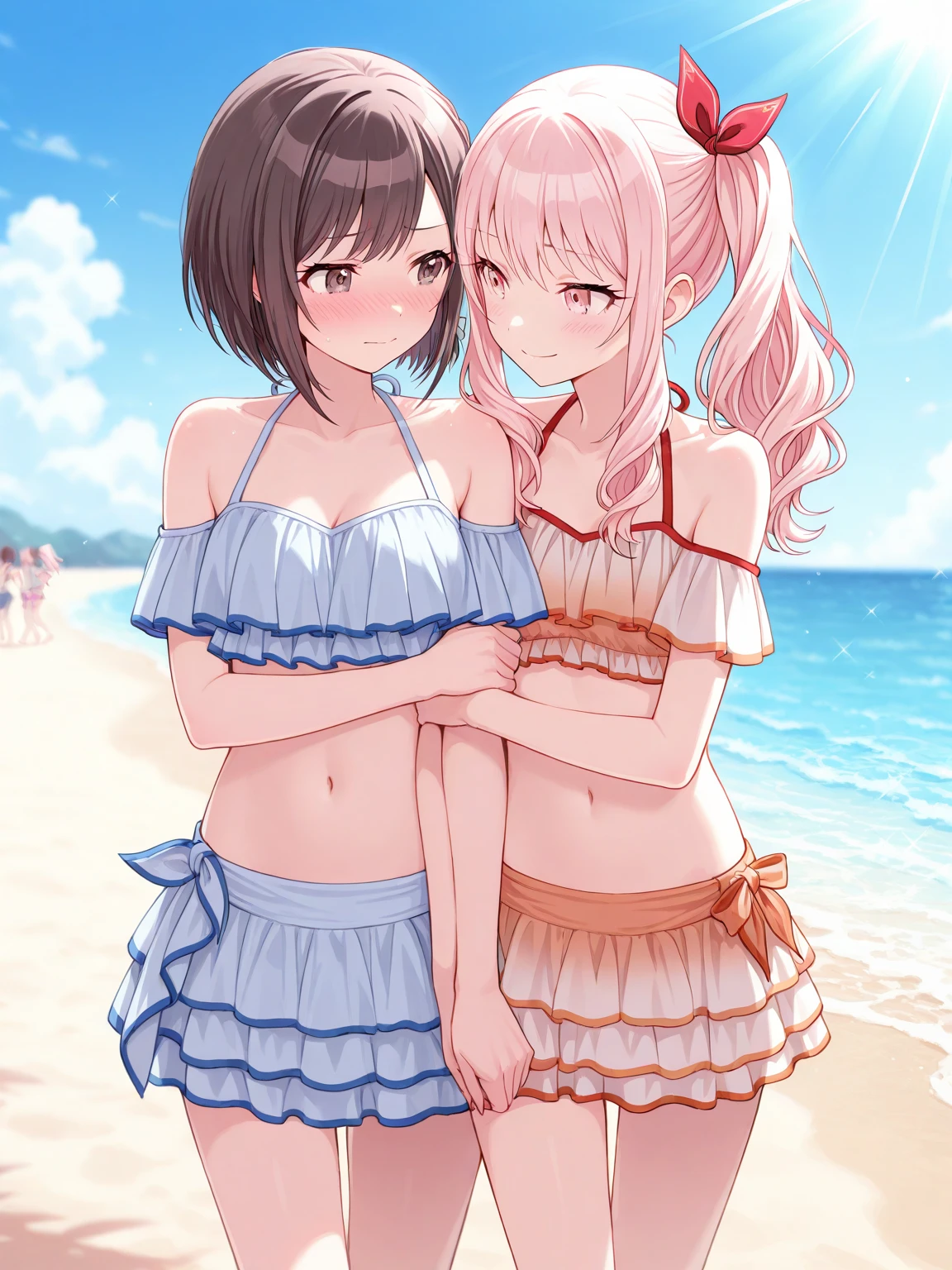 score_9, score_8_up, score_7_up, source_anime, masterpiece, best quality, very aesthetic, uncensored, 1 girl, cute face, beautiful detailed eyes, detailed lips, shirt, skirt, round breasts, medium breasts, voluminous ponytail short hair, pink scrunchie hair, brown hair, slender legs, walking, resort, beach, tree