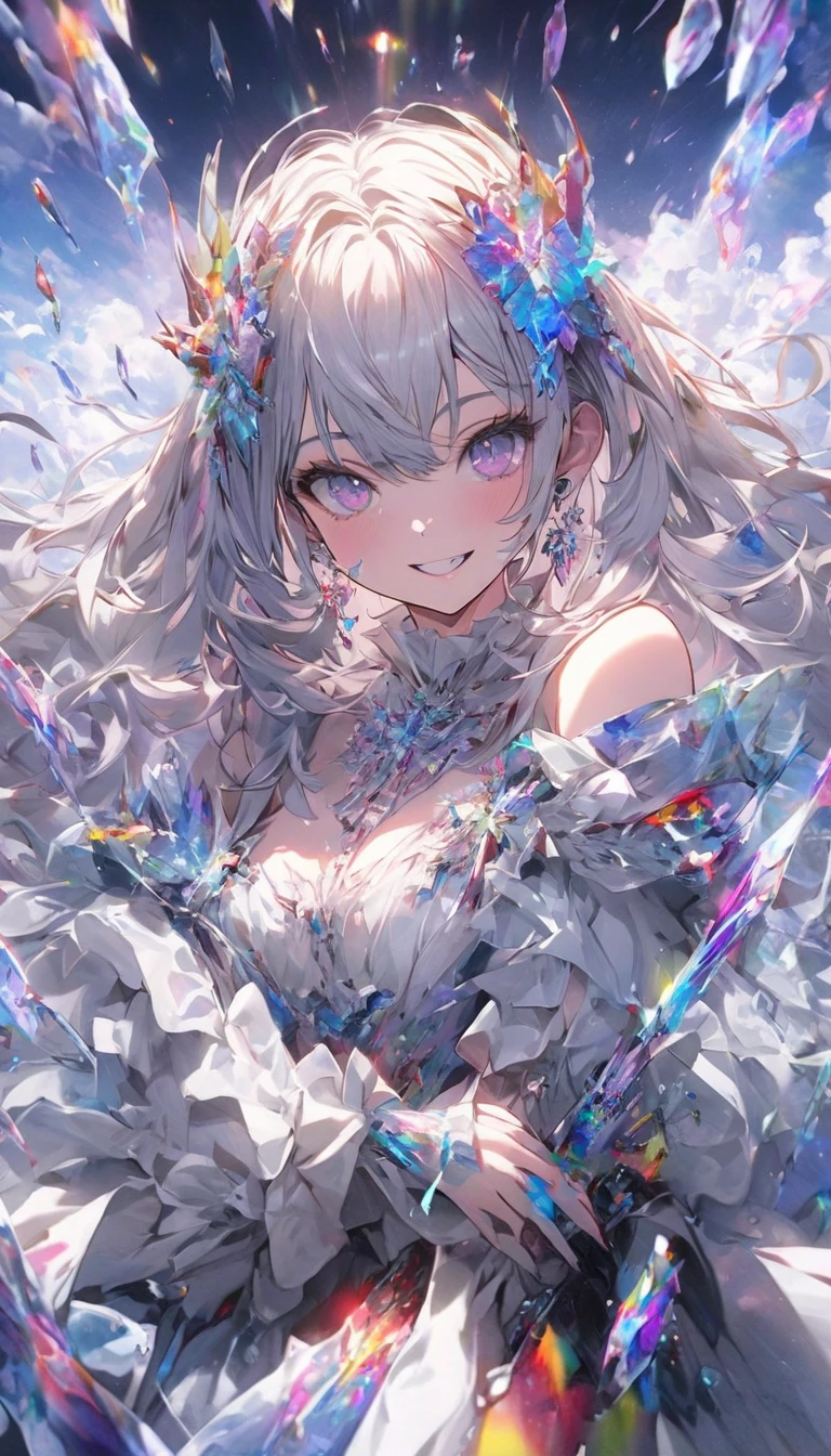 (Exquisite, beautiful, Very detailed, masterpiece, high quality,High resolution),(A full-body illustration of a cutely designed in a beautiful accessory and dress with a deep blue color rich in blue to purple pleochroic richness, Painted with software, A beautiful girl with translucent is wearing a long princess-line dress with a bright purple draped peplum on the bottom of the corset, Adorned with ribbon and tanzanite, Long white panniers underneath, Tanzanite in the corset., Tanzanite tiara, Dress shoes, Necklaces and rings,cute, A magical princess dress inspired by tanzanite,(White Background:1.7),smile,Facing forward、The body is facing forward.