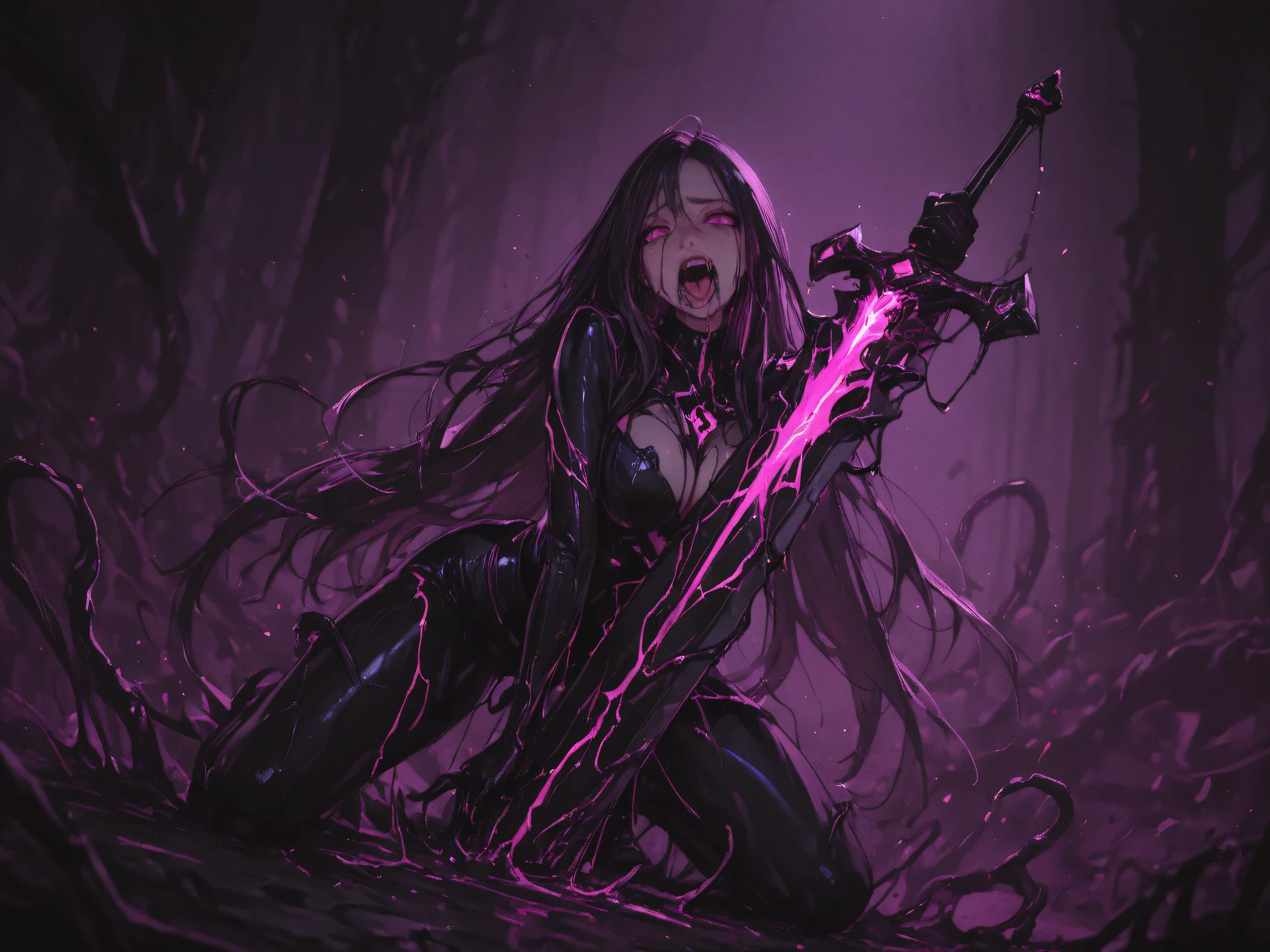 A beautiful young swordswoman with long hair, holding an huge big ornate legendary sword, her body partially overtaken by a black, venomous, symbiotic substance (venom-like corruption), spreading over her skin and outfit. Her expression is a mix of defiance and subtle arousal ,her face twisted in agony and pleasure, struggling to resist the corruption, Highly detailed, vivid colors, ultra ditailed, dramatic lighting.