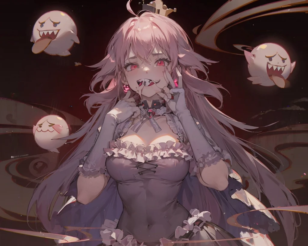 One girl, labrynth, Silver Hair, Grey Eyes, big breasts, horn, Cleavage, silver castle, Exquisite, blush, Nervous,Cowboy Shot, ,High quality generation of dark female characters, Unreasonable, A horror movie-like worldview with a black theme. It has a creepy and attractive appearance, The background is a dark and desolate landscape, Horror movie atmosphere. Her figure is terribly beautiful, Emphasizing the dark and crazy elements. Skillfully expressing the effects of light and shadow, detailed, The face and expression of the black costume are also carefully drawn.., Artistic elements add depth to the work. The overall atmosphere is creepy and nightmarish.., With a unique artistic touch. This movie is、The dark and crazy world of horror movies depicted in high definition., Evoke visual stimuli and aesthetic sense, It will terrify and excite the audience... I create works that combine the dark and Unreasonable worldview of horror movies with artistic elements