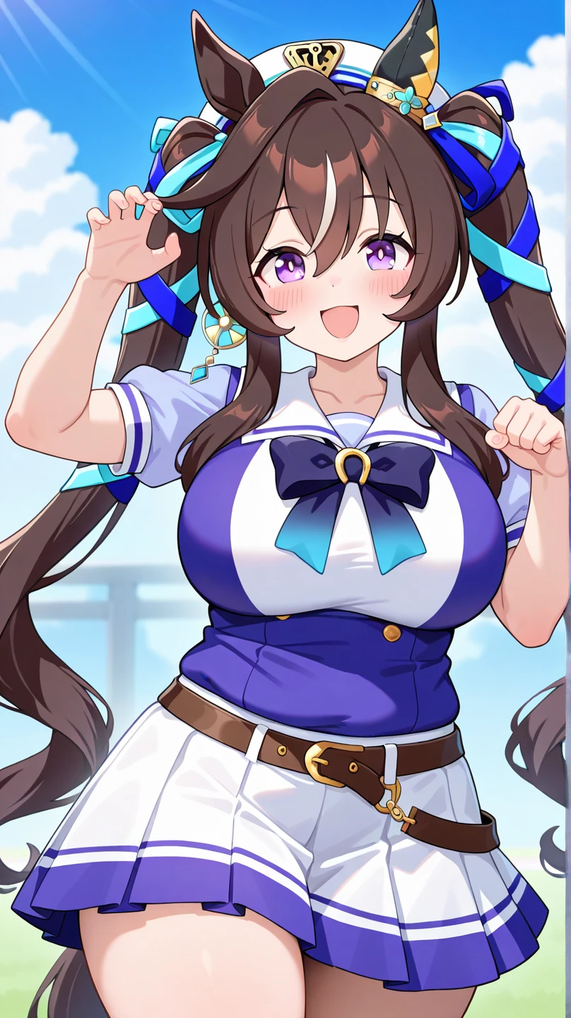 lactation,cheerleader, 1 girl, brown hair,wavy long hair,large breasts,brown eyes,happy,open mouth,hairpin,Earrings