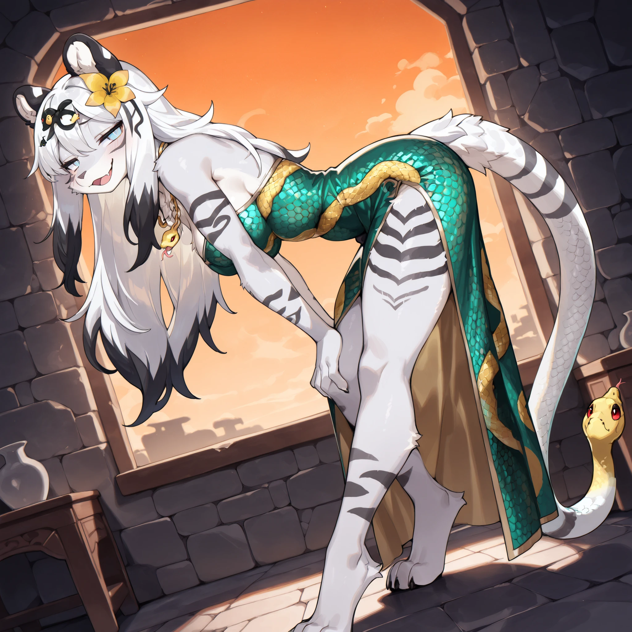 (side angle) (solo:1.5, solo character:1.5) (adult:1.2, wide shoulders, mature:0.9, female, girl, hot, big eyes:1.4, round face:1.4, blue eyes, cute:1.1), ((white hair with black ends, black tipped hair)), (long hair, hair over whole head, body fur, furry, white tiger, white fur, white fur on body, medium breasts), yellow necklace, snake necklace, deep green dress, golden details, ((yellow flowers on hair:1.5, golden snakes patterns on dress, chimera tail, golden snake tail)), standing up, leaning forwards, deceptive, looking at viewer, soft smirk, slightly open mouth, stepping out of darkness, stepping towards viewer, smug, half closed eyes, (masterpiece, best quality), (very detailed body, face, tail, arms, hands, legs, head and eyes), primitive stone temple, stone walls, orange sky, night, dark lighting, detailed shadows, (indoors:1.3)