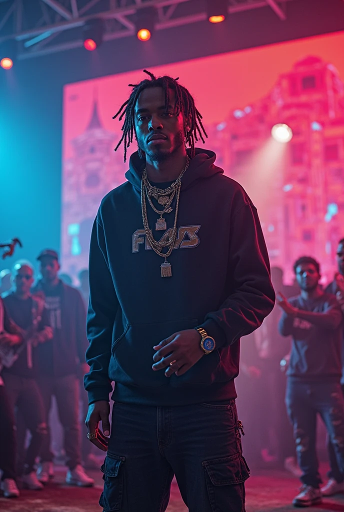 "Harry Potter, rapper Playboi Carti, XXXTentacion, and Juice WRLD portrayed in ultra-realism with meticulous attention to detail." (In Portuguese: "Harry Potter, rapper Playboi Carti, XXXTentacion e Juice WRLD retratados em ultra-realismo com atenção meticulosa aos detalhes.")
