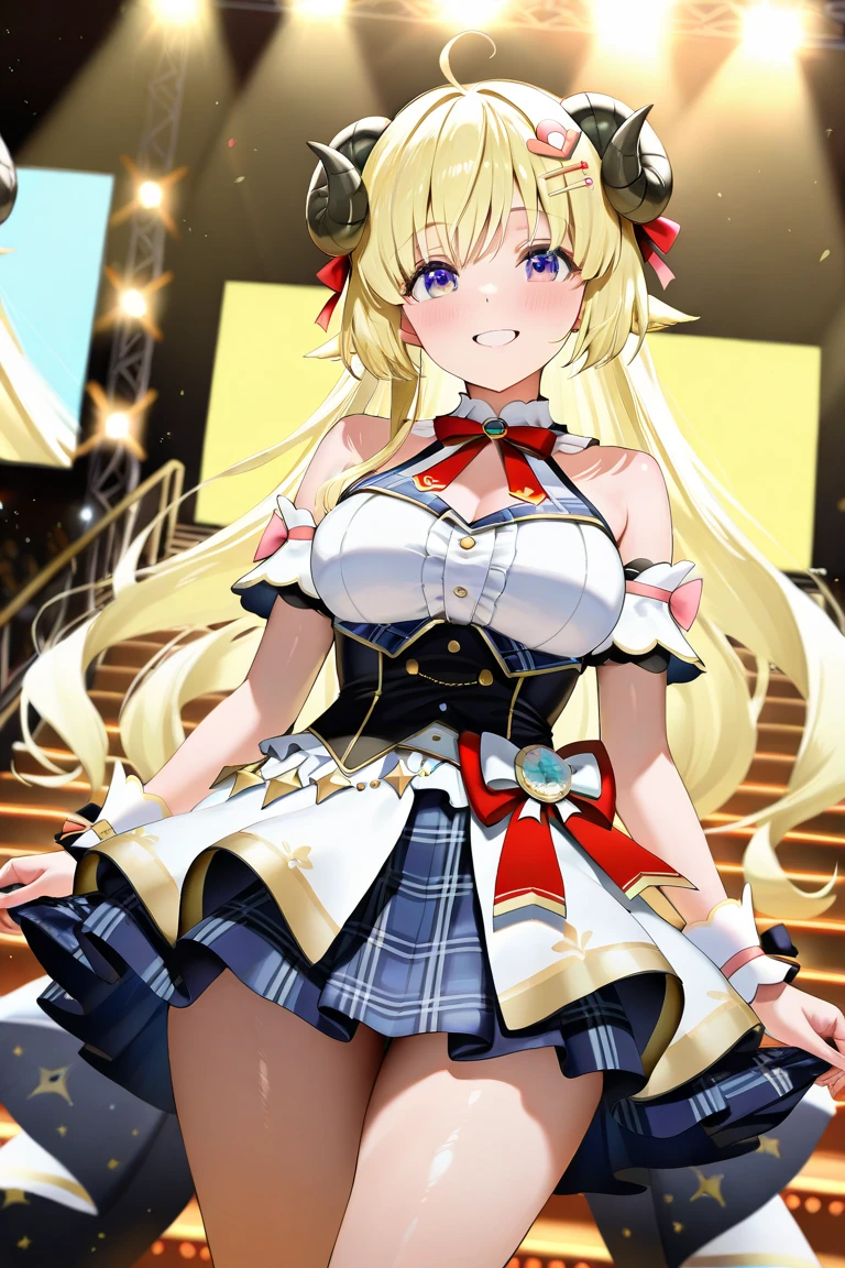 sakuragi hand (Idol Master), (Highest quality, 8K, masterpiece, Very detailed:1.2), (Lens flare, Particles of light, Shine), Big Breasts, smile, Open your mouth, masterpiece, Highest quality, Very detailed, High resolution, Very detailedなCG, masterpiece, Highest quality, Very detailed, High resolution, Very detailedなCG, Official Art, (White idol costume), (White Skirt),Off the shoulder,((Panties in full view)),(Skirt Lift:1.5)
