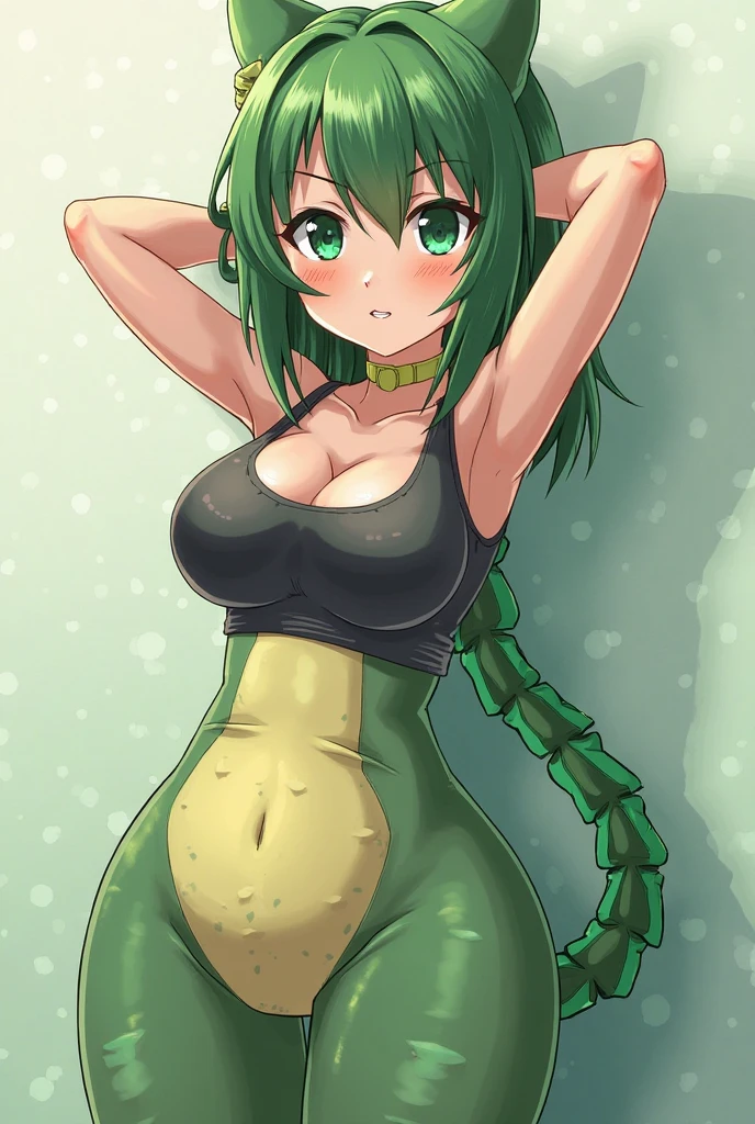 ((masterpiece)), highest quality, Super detailed,(One girl),(Yui Kotegawa morphing into lizard), Long Hair,Beautiful background , chest, Curved body, Look to the side, Worried face,