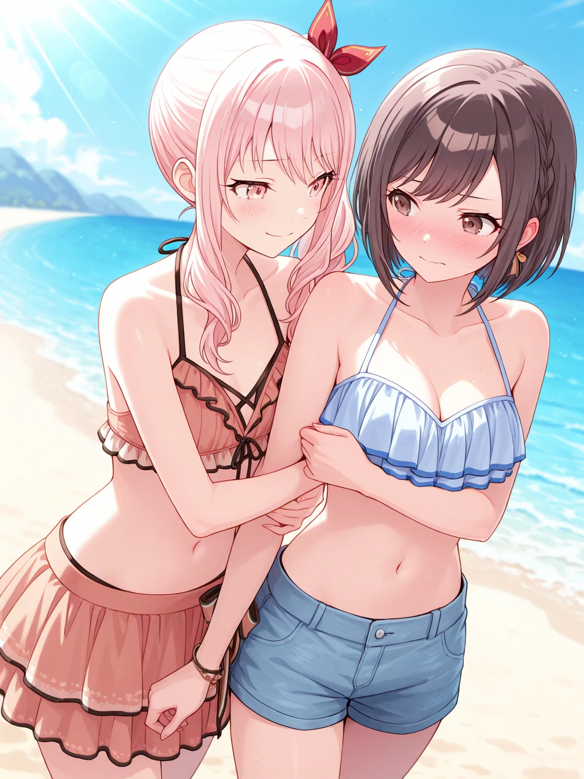(highest quality、High resolution、detailed background、8K)、masterpiece、beautiful and smooth skin、skin texture、professional lighting、3 beautiful women in their 30s、
brown hair、Braided bob cut、braided ponytail、(huge breasts:1.3)、realistic images、realistic、perfect body line、attractive thighs、plump nipples、attractive ass、sunny day、sandy beach、Show the whole body、
(sandy beachで海水浴を楽しんでいる3 beautiful women in their 30s:1.5)、
playfully splashing water on each other、happy look、smile、open your mouth and laugh、sexual expression、wet swimsuit、the whole body is wet、my hair is wet too、cute、
The rash guard is designed like a long-sleeved jacket and has UV protection.、
Some have cute patterns or character prints.、
The set also includes bottoms, making it a stylish and practical option.、
A one-piece swimsuit with a skirt gives off a feminine and cute look.、
Materials with UV protection functions and colorful designs such as floral and fruit patterns are popular.、
Some skirts are decorated with frills or lace.、
The overall style swimsuit has a cute design and provides full coverage.、
Some come with straps or ribbons, or have animal prints or character designs.、
There are many cute designs of bikini style swimsuits.、
The combination of tops with frills or character prints and bottoms with colorful patterns is popular.、
Mermaid style swimsuits are also suitable for swimming in the sea.、
The top has a shell-shaped or scale pattern design, and the bottom has a mermaid-like shape.、
A tankini is a style of swimwear that combines a bikini top and shorts.、
It can hide your stomach, so you can wear it with confidence even if you are not confident in your girl's body shape.、
Sports swimsuits come in designs for competitive swimming and designs printed with characters from trendy sports brands.、It is also recommended to use sunscreen cream.、cute