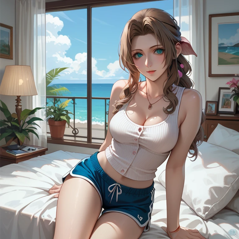 [Ty Lee], [Avatar the Last Airbender], ((masterpiece)), ((high res)), ((HD)), ((solo portrait)), ((full body)), ((feet visible)), ((anime)), (beautiful render art)), ((detailed shading)), {attractive; (brown hair), (long braided ponytail), (cute brown eyes), (short eyelashes), (curvy hips), (cute soft feet), (beautiful feet), (blushing), (smug smile)}, {(white bikini top), (red beach-skirt), (upskirt), (white panties visible)}, {(on bed), (legs spread open), (looking at viewer)}, [ambient lighting, bedroom, window, beach background, sun rays]