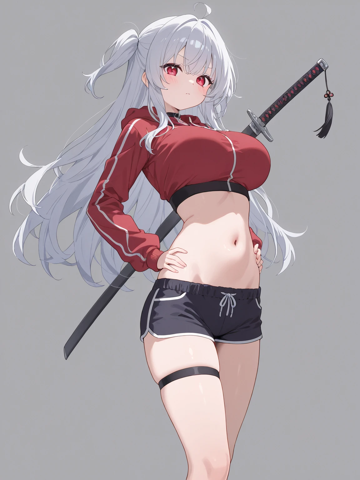 Shonen art style, Mirko from my hero academia, fit body, busty, sexy, empowering, fierce, white hair, one girl, shoulder length hair and ponytail, black tight sexy outfit, inside bedroom, thick thighs, evil smile, holding a sword, wearing a heart symbol in her chest, powering up, green eyes.