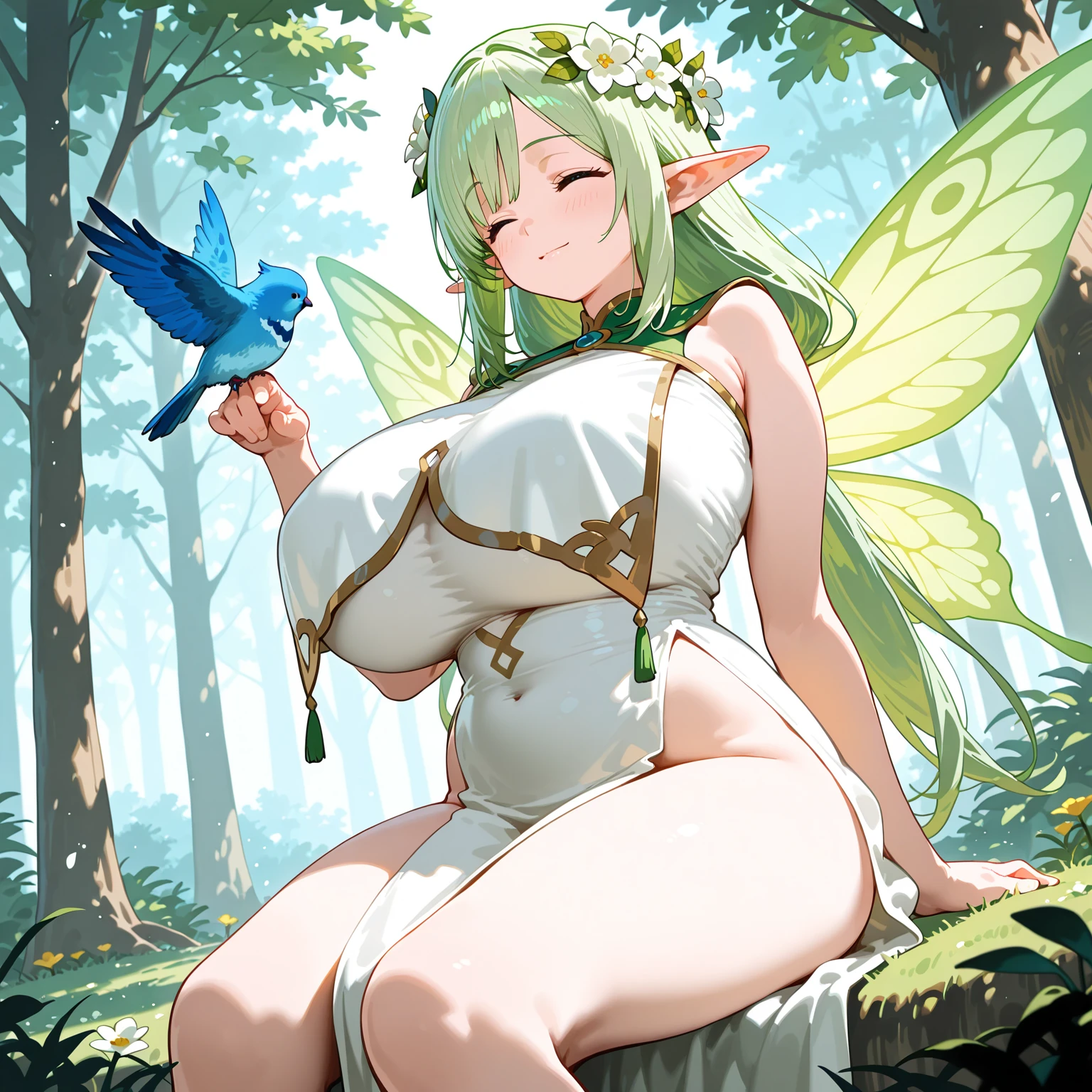Beautiful girl in a fairy costume, Surrounded by flowers and butterflies. content: Watercolor. style: Whimsical and delicate, Like in the illustration.、Camel Toe、Giant tit、Nipple Puffs、Cleavage、Plump、Super big breasts、Super big butt、wing、Super big breasts、Super big breasts
