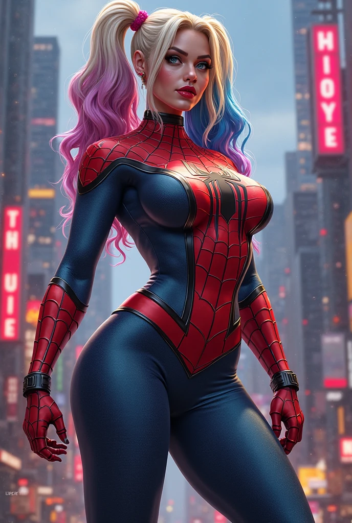 Spidergirl in new york, she has a purple spiderman suit and dark purple hair. On her face, cute pink cheeks that are a little bit big, glossy big lips, super light purple eyes. She has snake bites piercings, septum piercing and bridge piercing. Her ears are also pierced with 3 normal piercings on each side and the industrial piercing one the right side. The girl is thin but has a quite big chest.