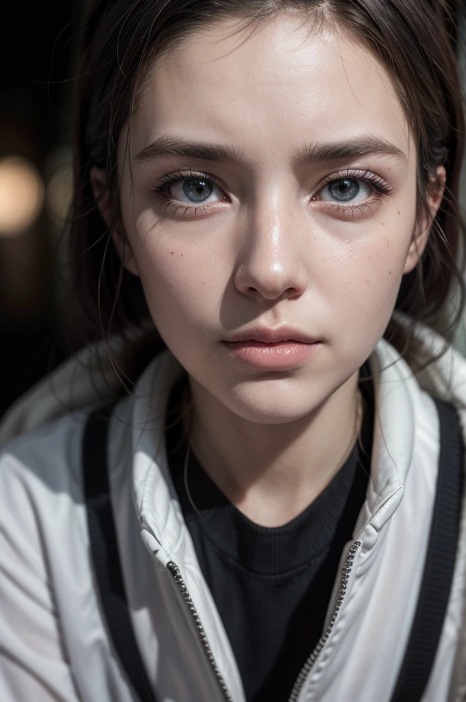Masterpiece, whole body. The best image quality, extreme liveliness, beautiful Karol Sevilla with curly ponytail, small figure, white functional coat, little, blue-violet gradient ski goggles, cyberpunk, gray hair, Natural casual style, dynamic posture, golden section, Portrait with wide aperture, cool tones, Strong visual impact, blank space, contrast of lights and shadows, SUPER TEXTURE, sunset glow, Super clear image, simple image