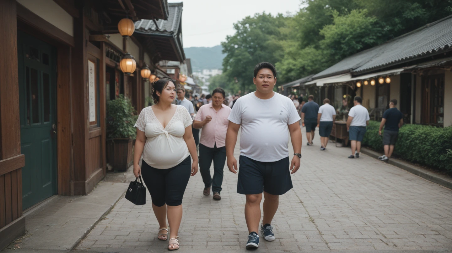 Masterpiece, highest quality, high resolution, solo scene, a Fat Korean man walking next to a pretty Korean woman, casual attire, respectful expression on man's face, gentle smile from the woman, authentic skin texture, vibrant colors, sunlit environment, narrow waist of the woman contrasting the man's wider build, detailed facial features, gentle sunlight casting soft shadows.