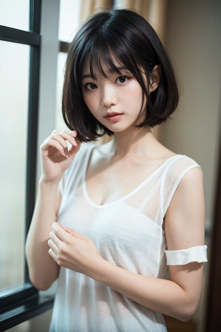 downbrouse、No bangs:1.10、straight flat chest:1.20, (leaning-forward:1.3)、(oversize tshirt、Loose-fitting T-shirt、Low Cut T-Shirt:1.5)、bra very.10, Pink areola is visible:1.20,  A Cup:1.20, Erotic, (top-quality、8K、32K、​masterpiece)、japanes、17 age、Very pretty girl、a beauty girl、crouching down、Bright smile、outside of house、shinny skin、blurry backround、short-cut:1.10、Ear hooks:1.20, A dark-haired:1.10, Upper body close-up、Shot from above　Kiss Face,sad Facial expression,embarassed expression,Alafed Girl, chiho, iwakura lain, closeup Iwakura Lain, With short hair, Shiori Teshirogi, Kotegawa Yui, hime-cut, She is 17 years old, sui ishida with black hair, lain iwakura, girl cute-fine-face, Clear pubic contours,(Small breasts), hight resolution, ighly detailed, top-quality, [​masterpiece:1.6],, ighly detailed, nffsw, finely detail, top-quality, , Cinematographic lighting, 1girl in、17 age、Cute Japan Girls、perfect body type、, Cute droopy eyes、Beautiful big eyes、ultra-detailliert、hight resolution、Transcendent beauty　top-quality、​masterpiece、majicMIX Real、(Raw photography:1.2)、(Photorealsitic:1.4)、Train、Yamanote Line、Commuter train、molesting、seating、Strap、Kamimei