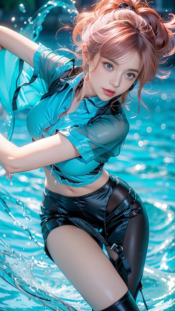 ((Realistic lighting, Best quality, 8K, Masterpiece: 1.3)), Clear focus: 1.2, 1 girl, Perfect Figure: 1.4, Slim Abs: 1.1, See through, tight clothing, ((Red-Haired)), (panties: 1.4), (Blue crop top: 1.4), (Outdoor, Night: 1.1), City streets, Super fine face, Fine eyes, Double eyelids,