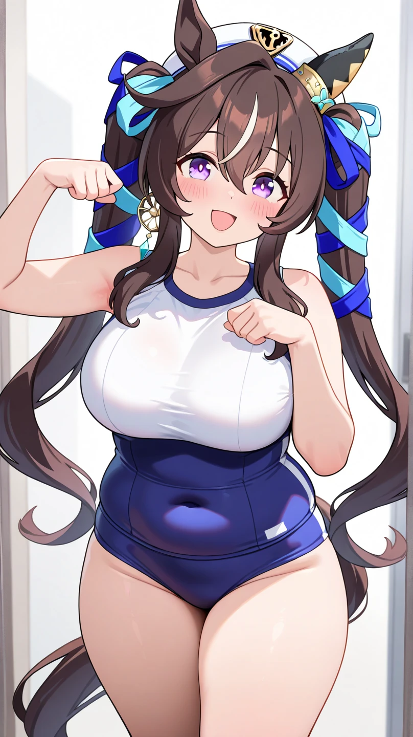 Daiwascarlet, uma-musume, (solo), (dark purple tight brm:1.3), (gym uniform:1.2), BREAK, (bursting impossible disproportionately gigantic huge breasts:1.4), bouncing huge breasts, skinny, very short torso, narrow waist, long legs, swaying back, (hands behind back), BREAK, (show off cameltoe), BREAK, nsfw, forced orgasm, (twitchy forced smile:1.2), open mouth, brm digging deep into cameltoe, coverd huge clitoris, pussy juice