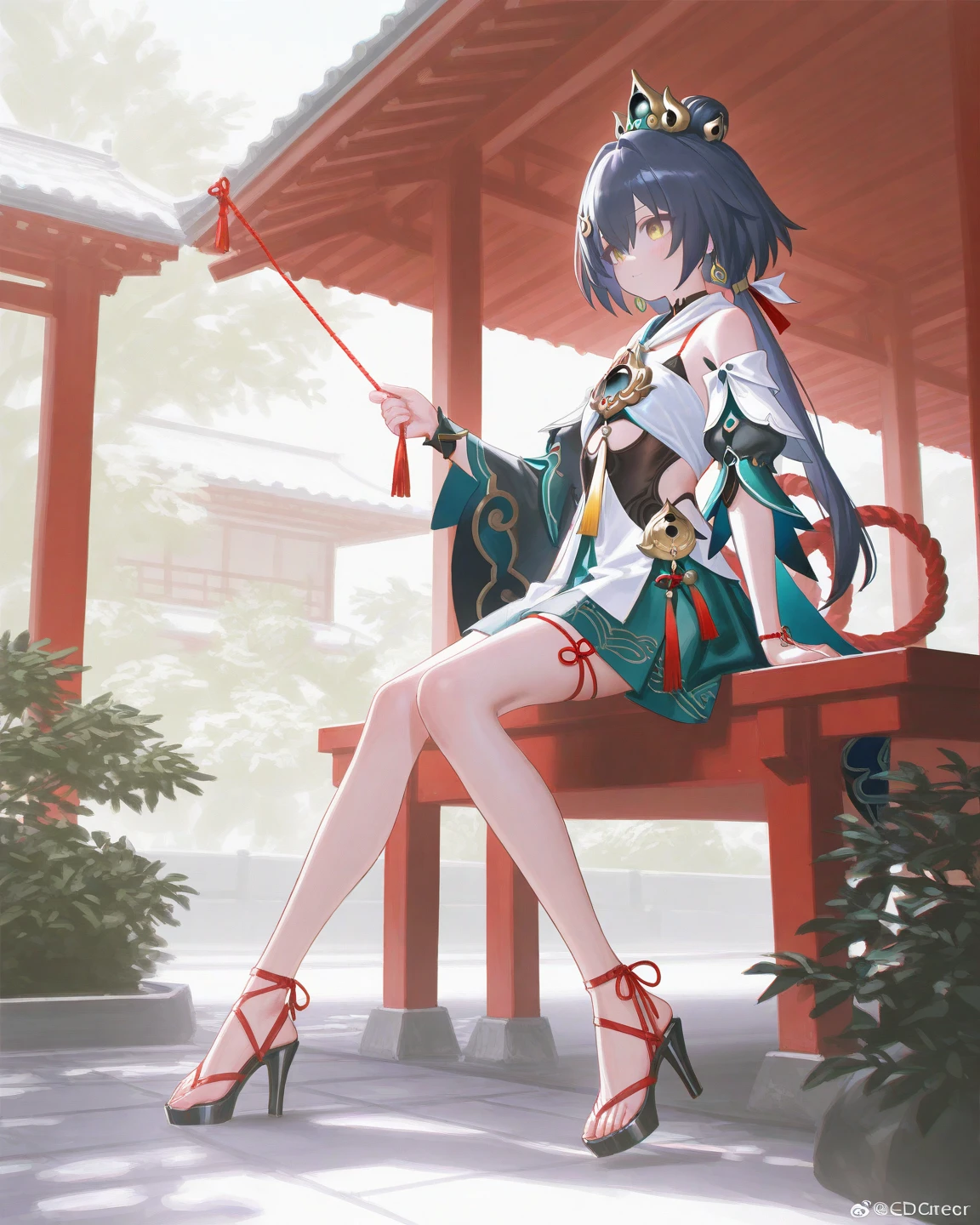 (((((roll up bandage sideways on a chest tightly to cover the chest without gaps))))), (((bandage samweways))), the bantage is no chest shape, flat chest, ((Japanese Gangster BOSS)), adult woman with the dignified presence, Killing Qi, wear nothing around shoulder, wear nothing around neck, wear the kimono, wear it below the waist, (I wind it up to control it, and to attach it), ((kimono come off)) ,wear the kimono multiple times, Bare shoulders and the clavicle, black and gold kimono, put on over jacket of kimono, (holding a japanese sword which shine in purple, The handole of the sword is black, and the blade is gray, long sword), eye fire, low angle, whole body, bandage is seen, anime character, Glaring, off sholder, nappropriate smile, Excellent, black blue hair, can see both shoulder, ((long kimono hem)), small face, ((some cherry blossam big tattoo on the arm)),((Sit with your legs folded)), ((background Japanese gate with circlr mark)),muscular,drink sake,fullmoon in the sky, The kimono is spreading,(((ultra-detailed))),super beautiful,Masterpiece,Killing Qi,Intimidation,zoom up