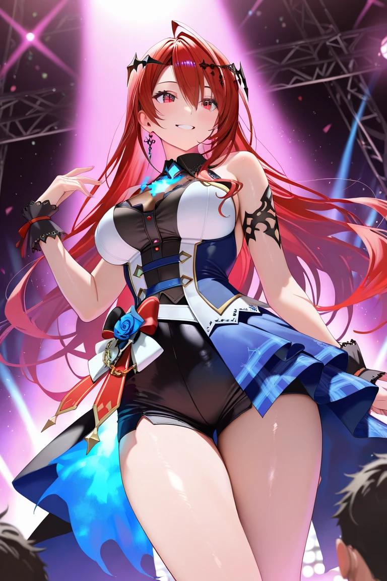masterpiece, best quality, 1girl, purple eyes, orange hair, bagpipe \(queen no. 1\) \(arknights\),race queen, cleavage,