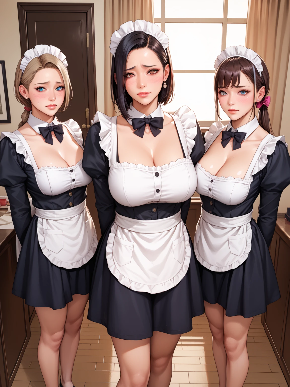 Browsing Caution, masterpiece, Highest quality, Very detailed, Ultra-fine illustrations, 8k CG wallpaper, Great art, (Three women stand side by side:1.4), Perfect Anatomy, (Pussy juice:1.2)), ((mini skirt,Maid uniform, Transparent clothes, Apron skirt)), (White horizontal lace panties:1.3), (Pink stylish lace panties:1.3), (Stylish lace panties in light blue:1.3)), (Embarrassed expression, blush:1.2), Beautiful big boobs, Slender body, (Three women lift their skirts to show their panties:1.5), ((Anime CG Style)), garter belt, ((White lace chest curtain,Underbust)),