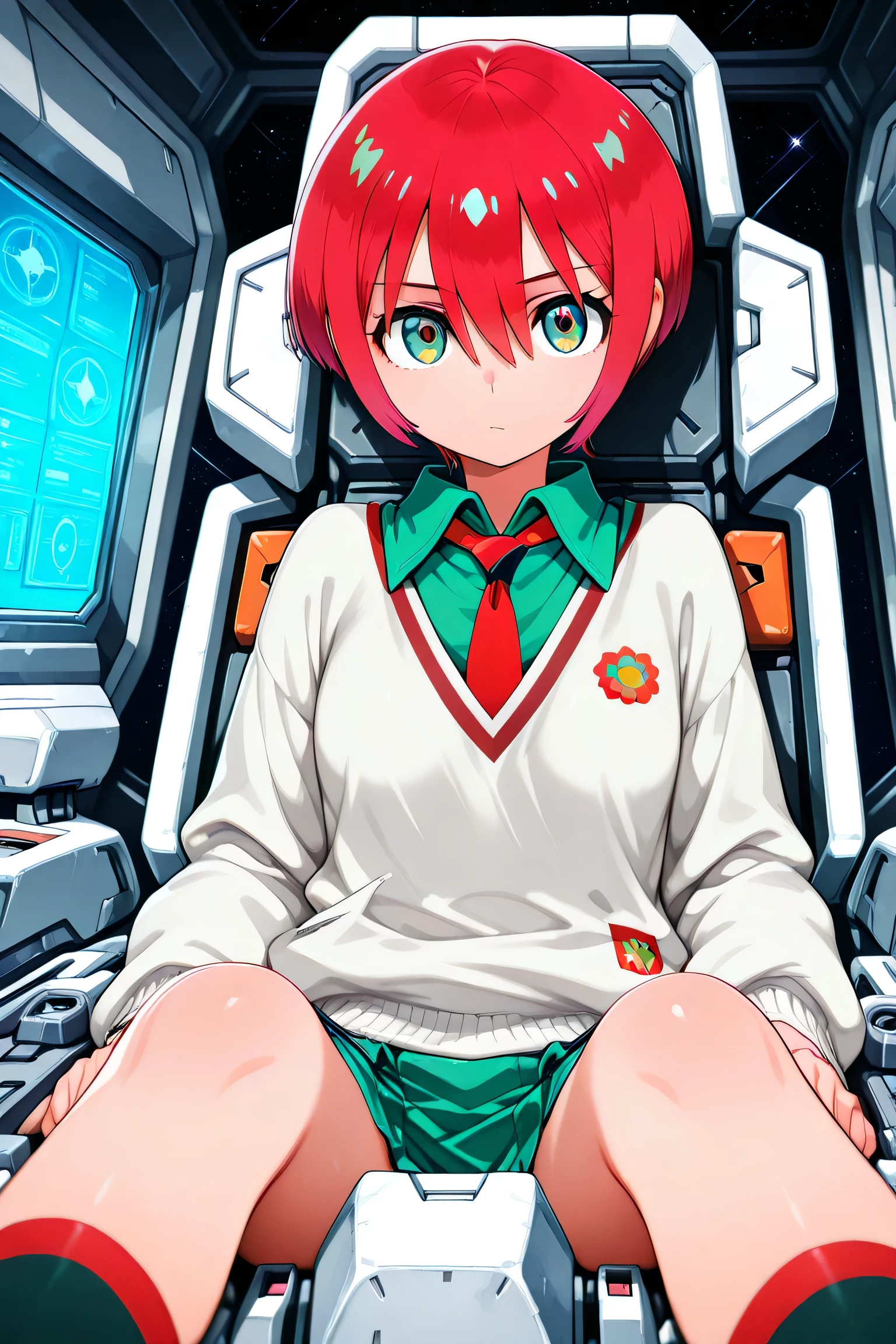 Amate Yuzuriha, sitting, cockpit, solo, looking at viewer, tie, shirt, long sleeves, white sweater, green collared shirt, socks, red tie, green uniform skirt, mouth closed, space background
gundam_gquuuuuux_amate_yuzuriha, redhead, short hair, hair between eyes, green eyes, uniform, legs spread, from below
