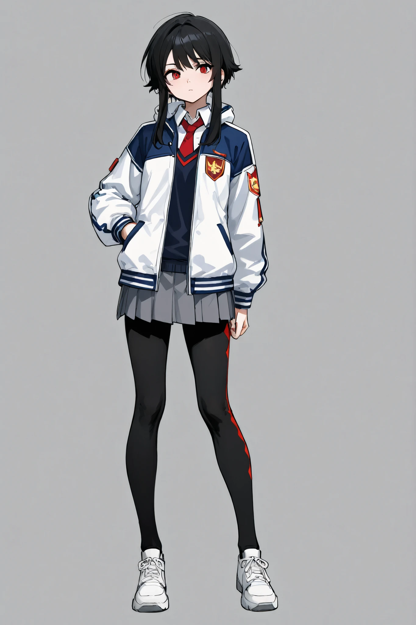 A beautiful girl with short black hair with long locks and fringe, Wearing a dark-colored techwear-style sci-fi school uniform from a battle academy with a college coat of arms, look attractive and calm, eyes in the color red. Concept art, full body, fundo branco