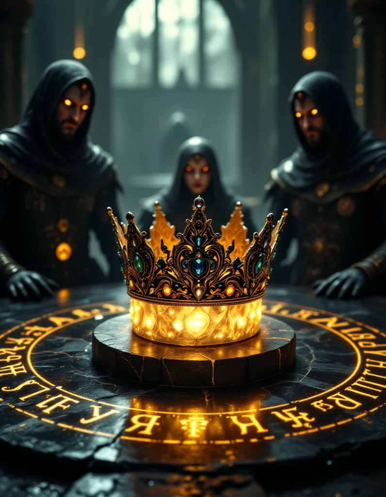 A mystical, dreamlike scene featuring the queen's ancient, ornate crown, adorned with dark, glittering gemstones and mysterious, pulsing runes, sitting atop a glowing, crystalline stone pedestal, surrounded by a circle of imposing, statuesque mystical warriors, their faces set in fierce, protective expressions, with intricate, glowing runes etched into the dark, polished stone floor, radiating a soft, ethereal golden light that illuminates the crown, casting an otherworldly glow on the surrounding environment, as if infusing the air with an aura of dark, magical power, with the warriors' eyes seeming to gleam with an inner, supernatural light, as if imbued with the power to control and command mythical creatures, and the golden light dancing across the crown's surface, highlighting its delicate, filigree details, and the overall atmosphere is one of hushed, reverent anticipation, as if the crown is waiting for its rightful owner to claim it, with the shot being a wide-angle, slightly elevated view, emphasizing the grandeur and majesty of the scene, and the image featuring a shallow depth of field, with the warriors and the stone floor softly blurred, drawing the viewer's eye inexorably to the glittering, pulsing crown.