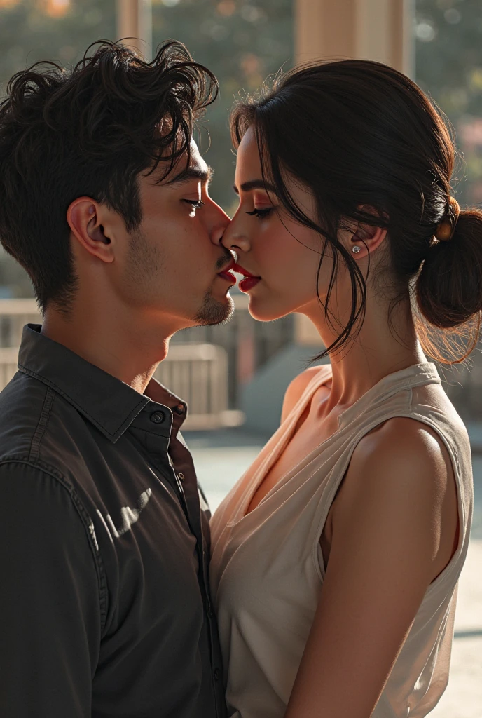 A Mafia young man who has grey eyes forcing kissing to a beautiful girl at the rooftop. The girl is struggling under his kiss.