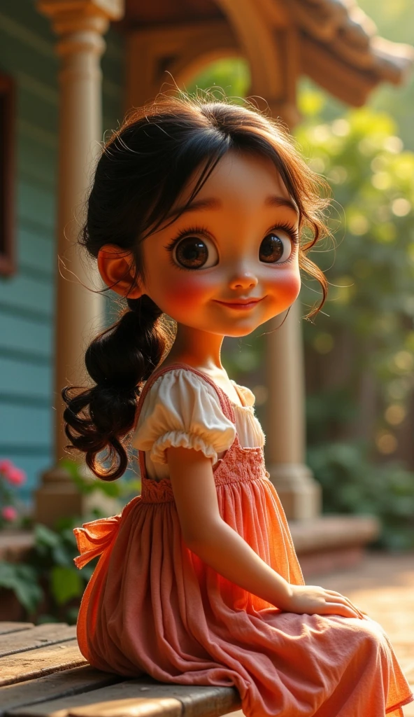a happy , smiling with 2 front teeth, looking at the camera, with a red bow on top of her head and a red dress