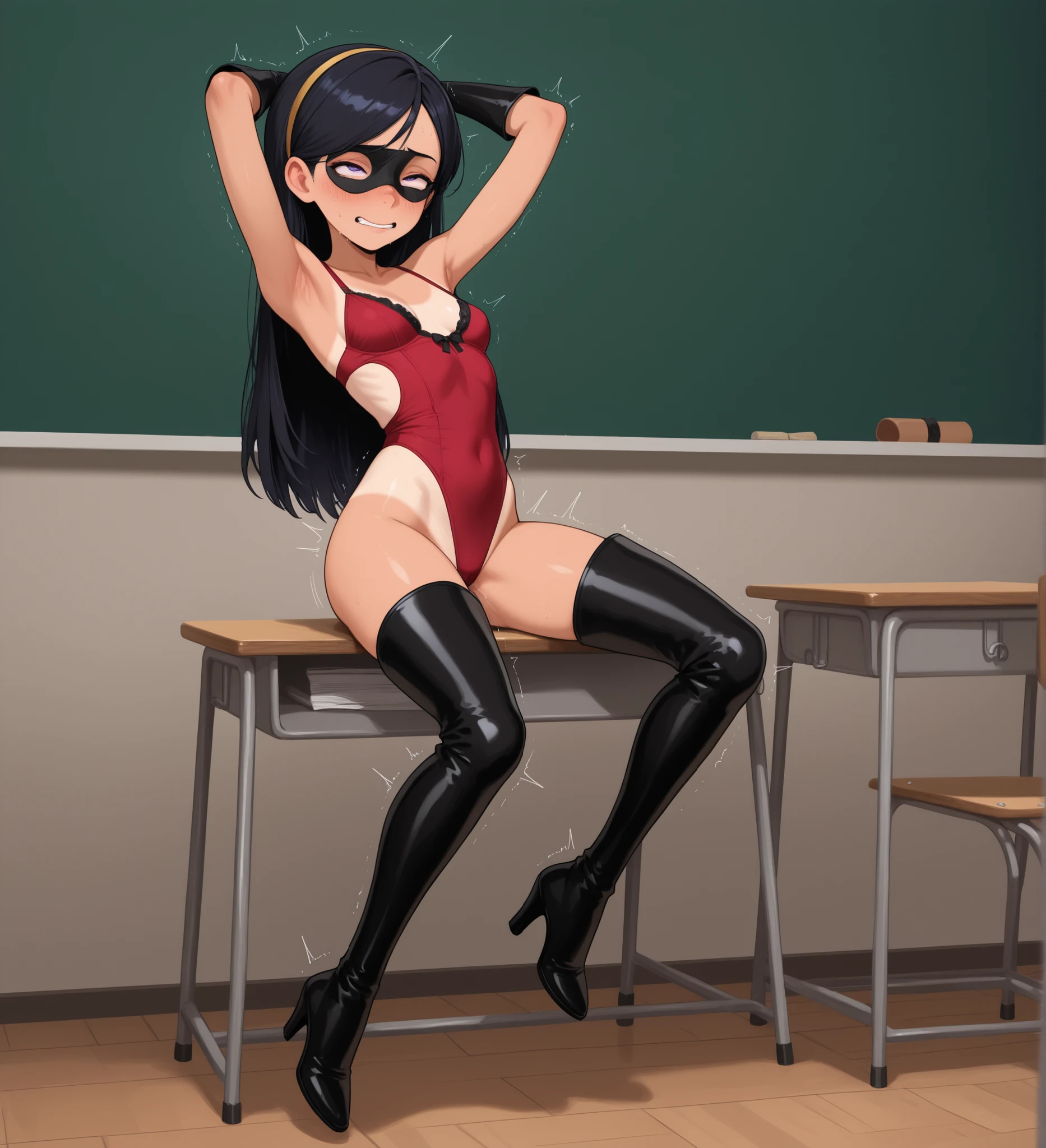 masterpiece, high quality, 1girl, violetparr, black hair, long hair, blue eyes, purple eyes, hairband, long gloves, black eye mask, boot, thighhighs, thigh boots, high heels, lifting up top, naughty girl, sexual teasing expression, nervous, emotes, no socks, small breasts, red lingerie, gripping the desk, looking at viewer, in classroom, tan lines, receiving pleasure, eyes barely open, squinting orgasm, shaky legs, shivers of pleasure, eyes rolled back, rolling eyes, sfw