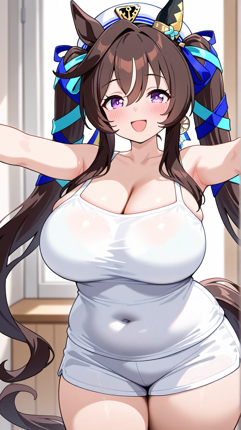 By lambda, ((by torisan)), 1 girl,
Hokko Tarumae /(umamusume)/, simple background, straight on, full body, looking at viewer, standing, blush, sweat, shiny skin, playboy bunny, beautiful color, detailed, amazing quality, nsfw