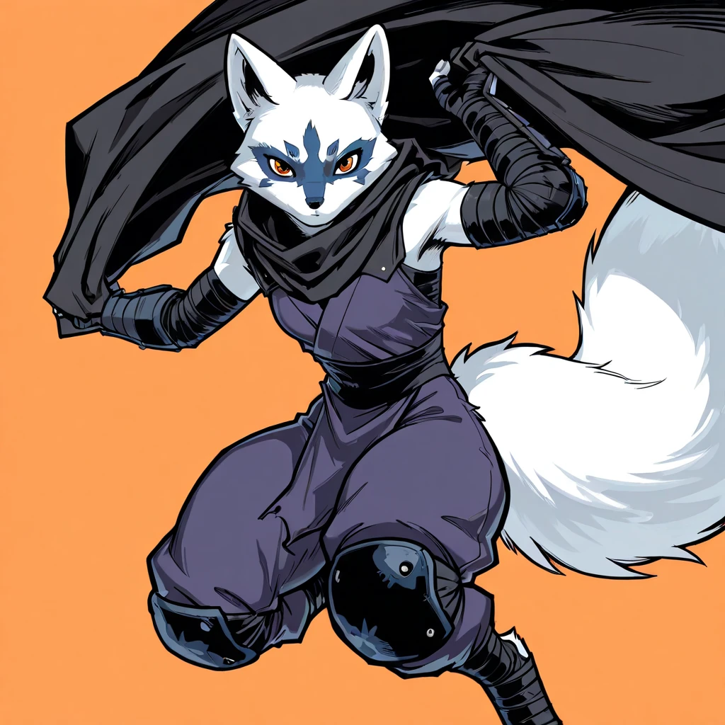 Tmnt, Alopex, arctic fox, furry character, purple mark eyes, 1girl, Solo, Fox Ears, Smile, Yellow Eyes, brown scarf, black bandage arms and legs, black robe