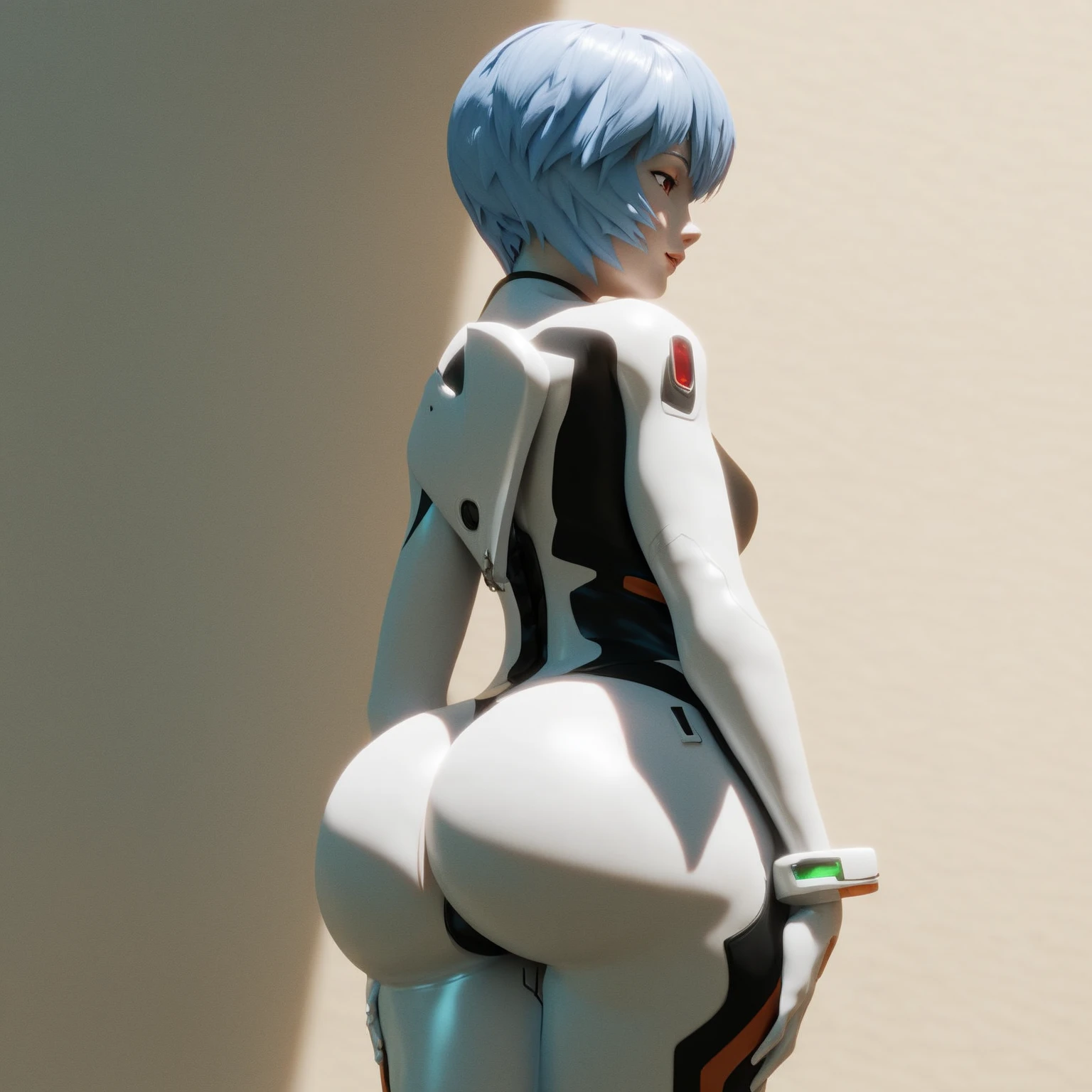 (masterpiece, best quality, ultra-detailed, 8k, wallpaper, photorealistic), ((perfect hands)), ((perfect anatomy)), medium cleavage, long round legs, round ass, ((alluring anime girl)), ((Rei Ayanami)), ((capturing her ethereal beauty with pale skin, striking detailed short indigo hair)), ((and bright crimson eyes that seem to hold a mysterious depth)), ((she wears her signature white plug suit, sleek and form-fitting, with subtle blue accents)), ((medium shot, from behind)), ((dynamic background)), ((sensual pose, kneeling))