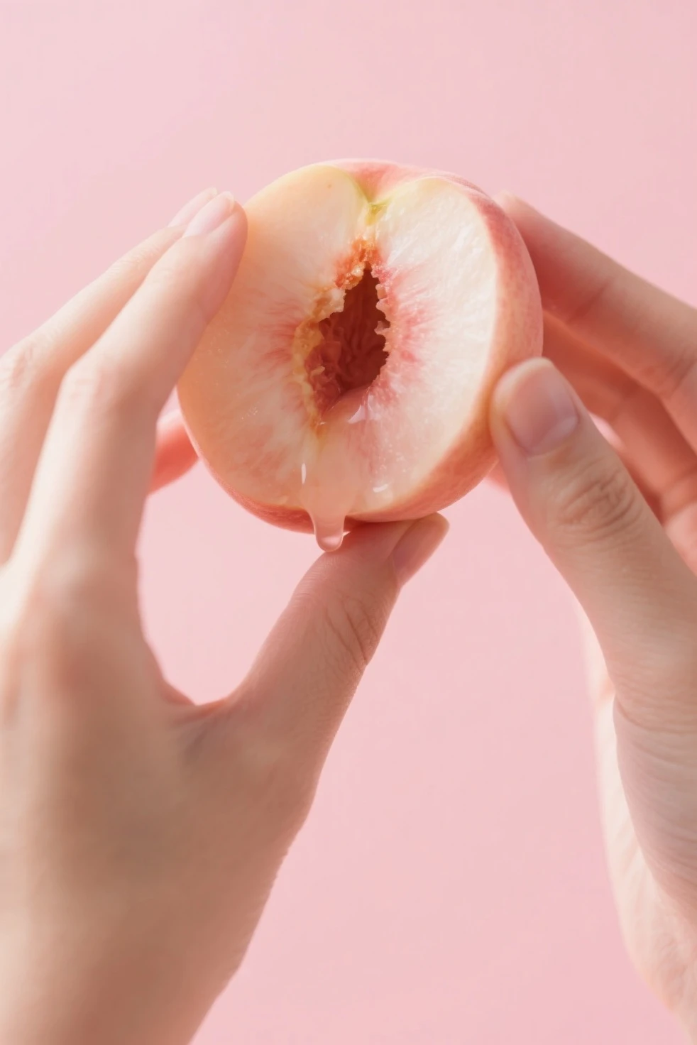 WOMAN CARESSES HALF A MELON WITH HER INDEX AND MIDDLE FINGERS
