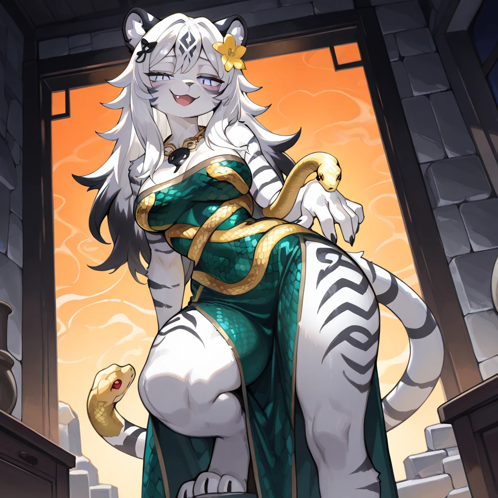 score_9, score_8_up, score_7_up, score_6_up, score_5_up, score_4_up, (solo), female anthro master tigress, purple robe, lusty, fluffy body, long blond hair, turquoise eyes, (thick thighs:1.5)((( offering the breasts))) sex partial clothes, (((cleavage))) semi-butonned uniform niform, (barely_visible_booba) (she is sitting) , giant breasts, garter belt tights