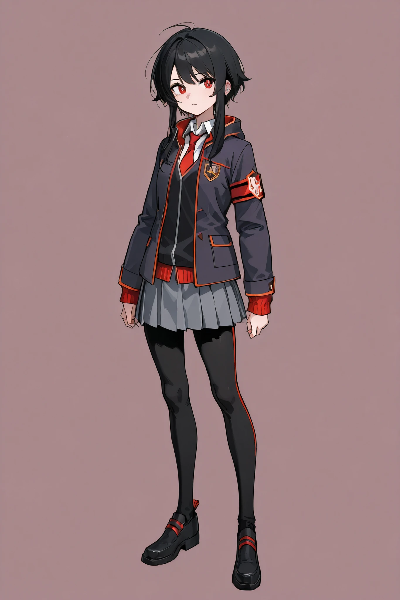 A beautiful girl with short black hair with long locks and fringe, Wearing a dark-colored techwear-style sci-fi school uniform from a battle academy with a college coat of arms, look attractive and calm, eyes in the color red. Concept art, full body, fundo branco