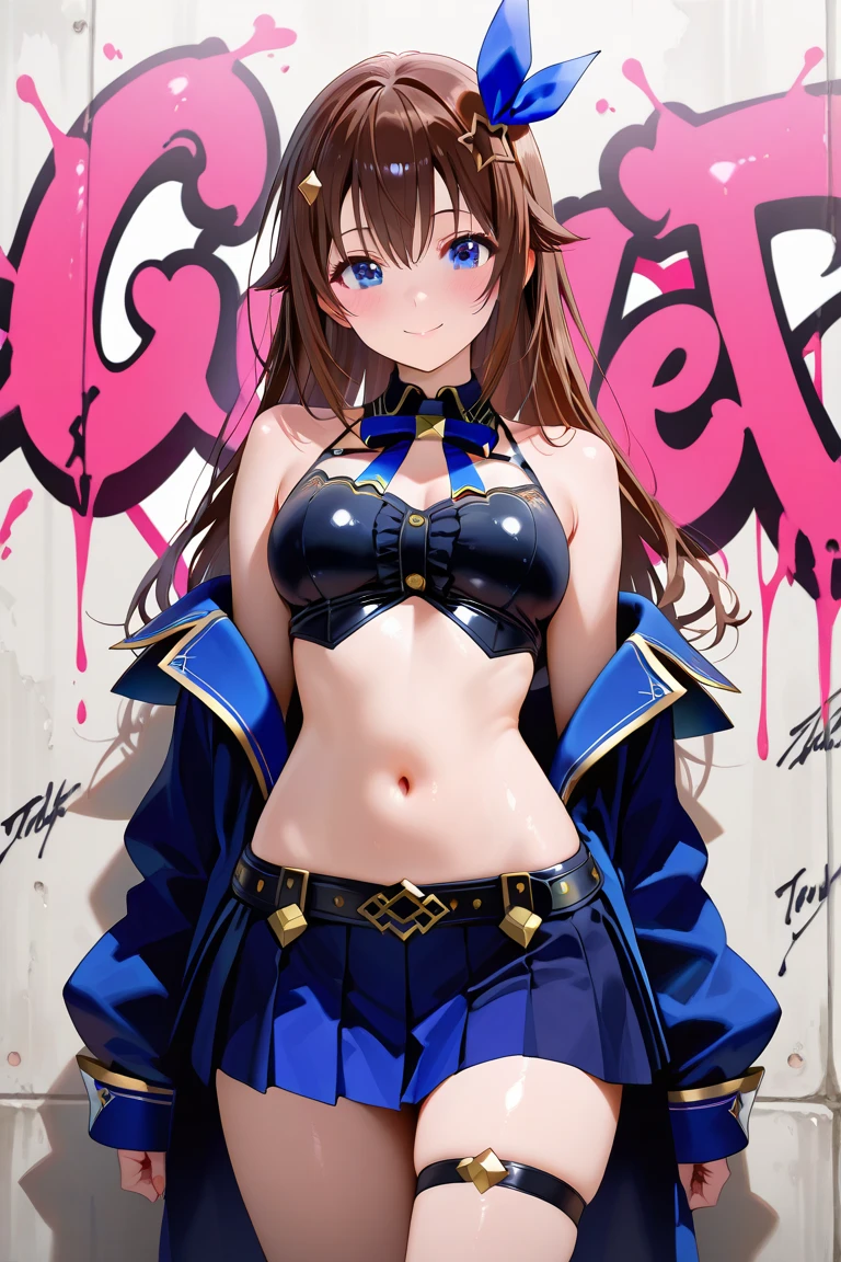 ((Tabletop, highest quality, High resolution, , Pixel Perfect, 4K, ))), Beautiful woman,, alone, beauty、The whole body is visible、 (((Sexy Witch Cosplay), Long dark blonde wavy hair、Off-the-shoulder jacket,　Dark blue flared skirt、Witch Hat、, bangs, )), ((Brown eyes, Beautiful eyelashes, Realistic eyes)), ((Detailed face, Blushing:1.2)), ((Smooth texture:0.75, Realistic texture:0.65, Realistic:1.1, Anime CG Style)), Center of chest, Dynamic Angle, Perfect body, ((,)), Leaning forward、、、Very embarrassing panic smile, 、Castle Town Square、(The wind flipped up her skirt, Pink lace panties are in full view、、、、、)、Angle from below