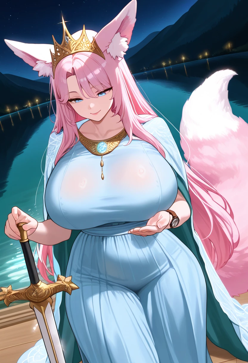 extremely detailed, ambient soft lighting, 4K, futanari, 1girl, 1futanari, kitsune ,multi-color hair, muscular, (huge breasts):1.8, huge nipples,huge boobs, canine penis, penis knot , (huge penis):1.7 , hyper breasts , veiny penis, sheath,(thick penis):1.8, red penis, precum, dripping cum, excessive cum, projectile cum,, long legs, autopaizuri ,boobjob, close up, ,bedroom