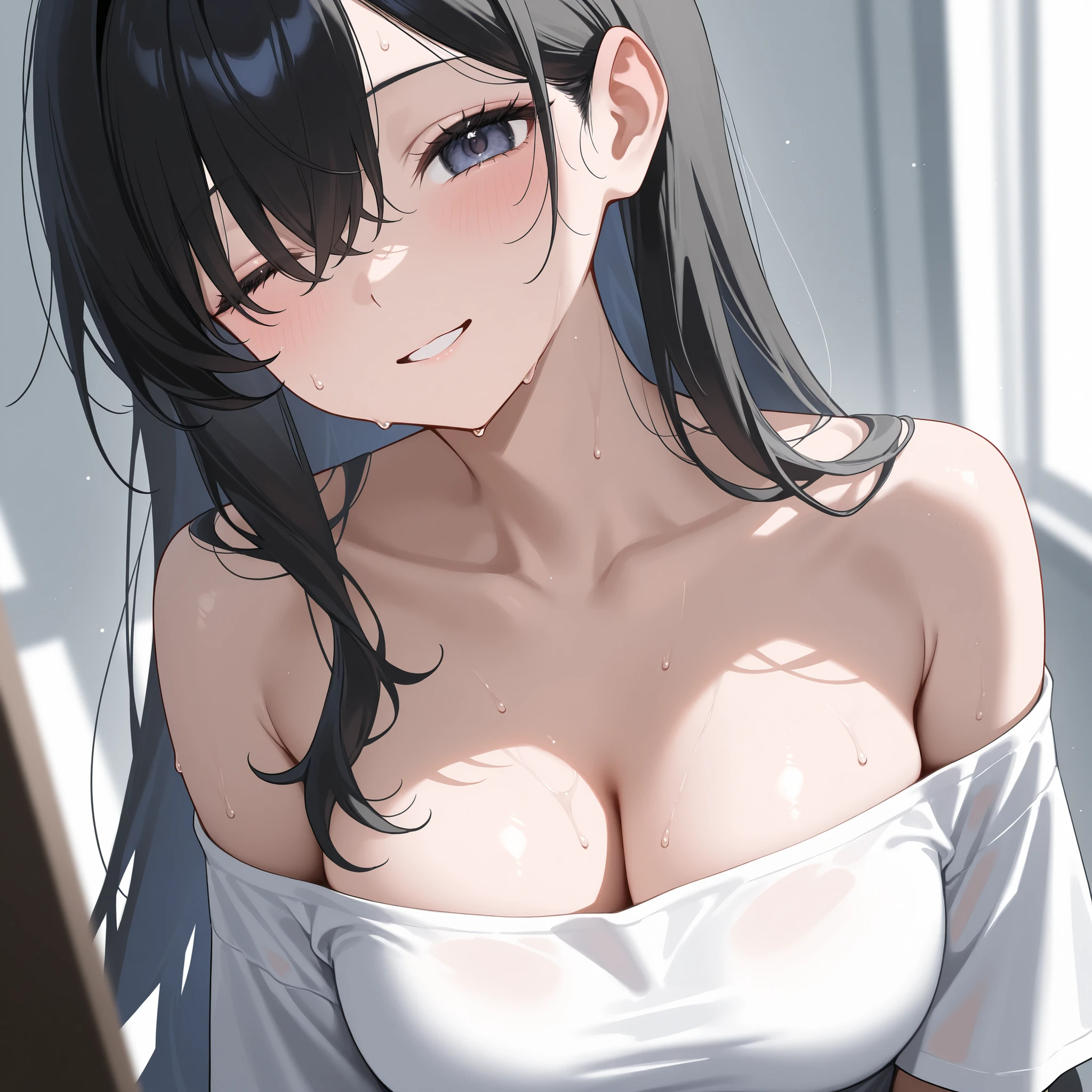 masterpiece,1girl, black hair, upper side body, off-the-shoulder oversized white t-shirt、Hair on one eye、winked one eyes、long hair、medium Breasts、sweat