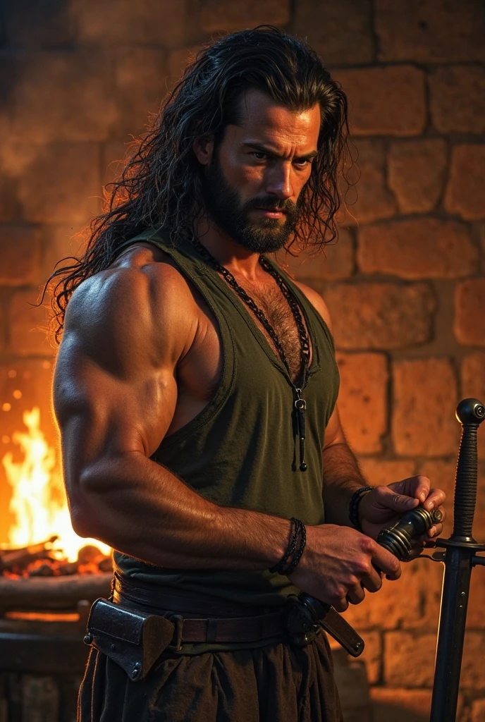 a man with long black hair, blue eyes, beard, smiling, strong pectoral, manly and sexy body, ((full body)), wearing red shirt and black pants, Victorian era style, in the background crystal castle and gold with dragons, Daeni Style Pin, [Daniel F. Gerhartz Style::0.5], UHD image, Rent, 8k, photo-realistic, Epic lighting, Sharp, Realistic, Romantic, focus,
