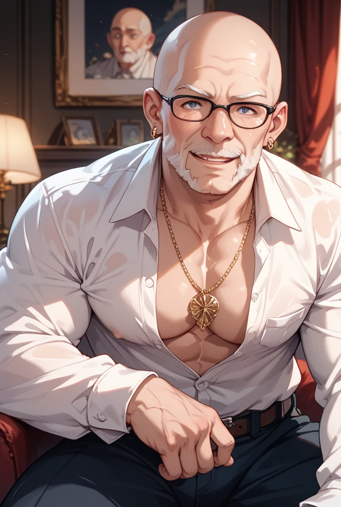 stanpines, 1boy, solo, male focus, upper body, muscular, mature male, old man, short hair, grey hair, brown eyes, thick eyebrows, glasses, black-framed eyewear, facial hair, stubble, sideburns, smile, necklace, gold chain, chain, white tank top, blue boxers, striped male underwear, blue slippers, plump, belly, fat, arm hair, leg hair, sitting, yellow checkered armchair, simple background <lora:Stanley (Stan) Pines LoRA v1.0_10r_10e_32i_nr64_a32:0.7>