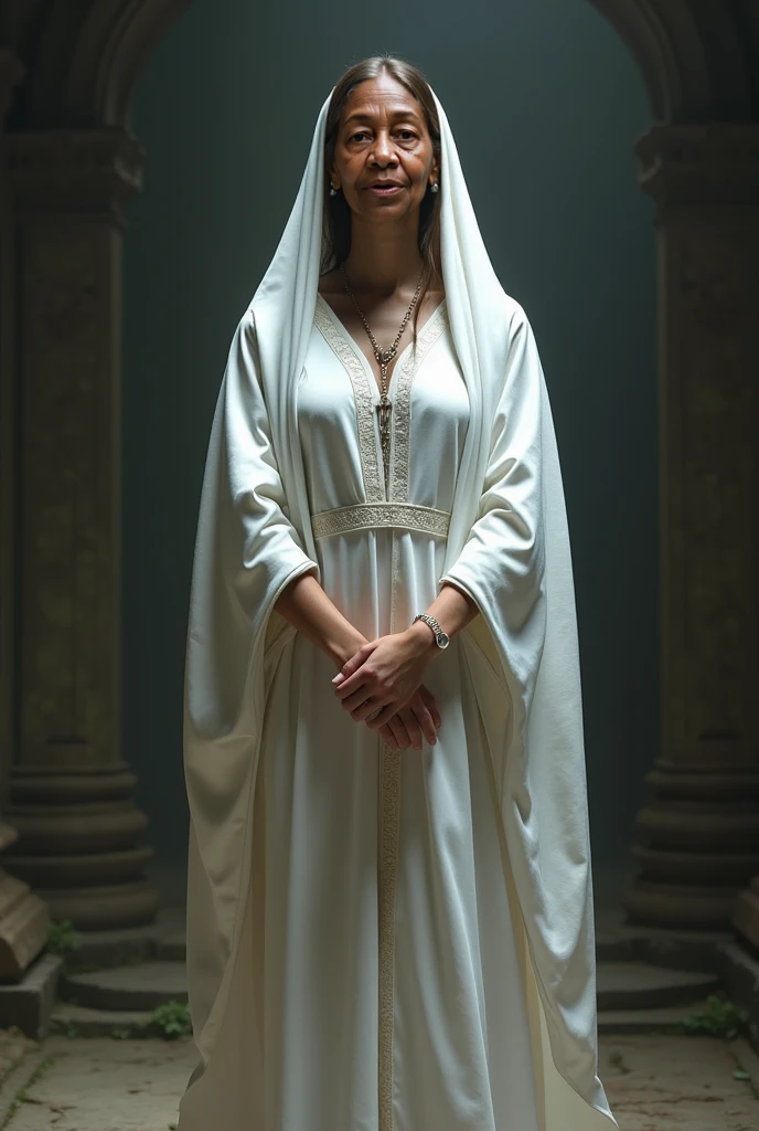  fat woman with white skin and brown eyes with almost long curly dark hair being at a mass with a white sequined veil the size of her hair, with a light blue dress Modest and long and without necklines 
