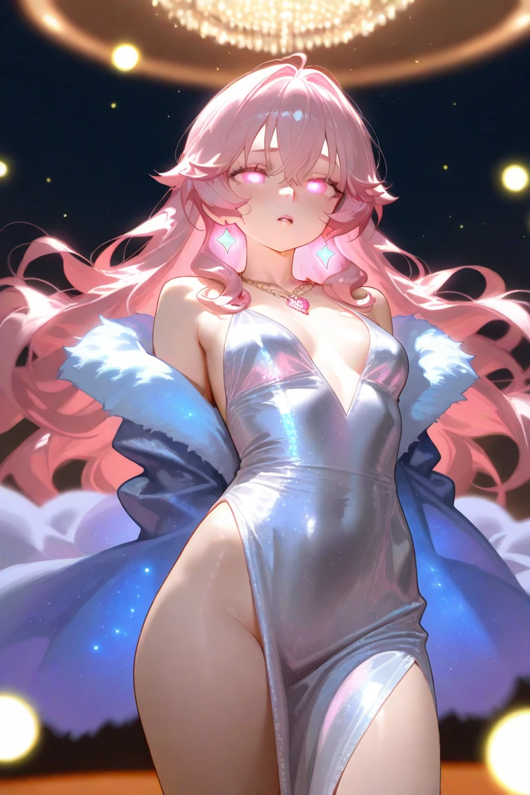 ((Masterpiece, Highest quality)), perfectly proportions，CharacterDesignSheet，full bodyesbian，Sexy woman，A pink-haired，lacepantyhose，Starry Sky Stage，Star decoration，Natural light